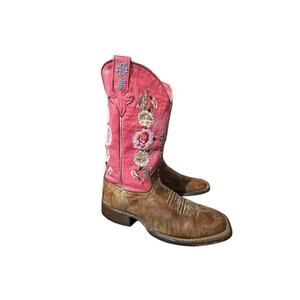 Macie Bean Western Youth Boots Square Toe 7047 Sz 3 Embroidered Rose Lizard